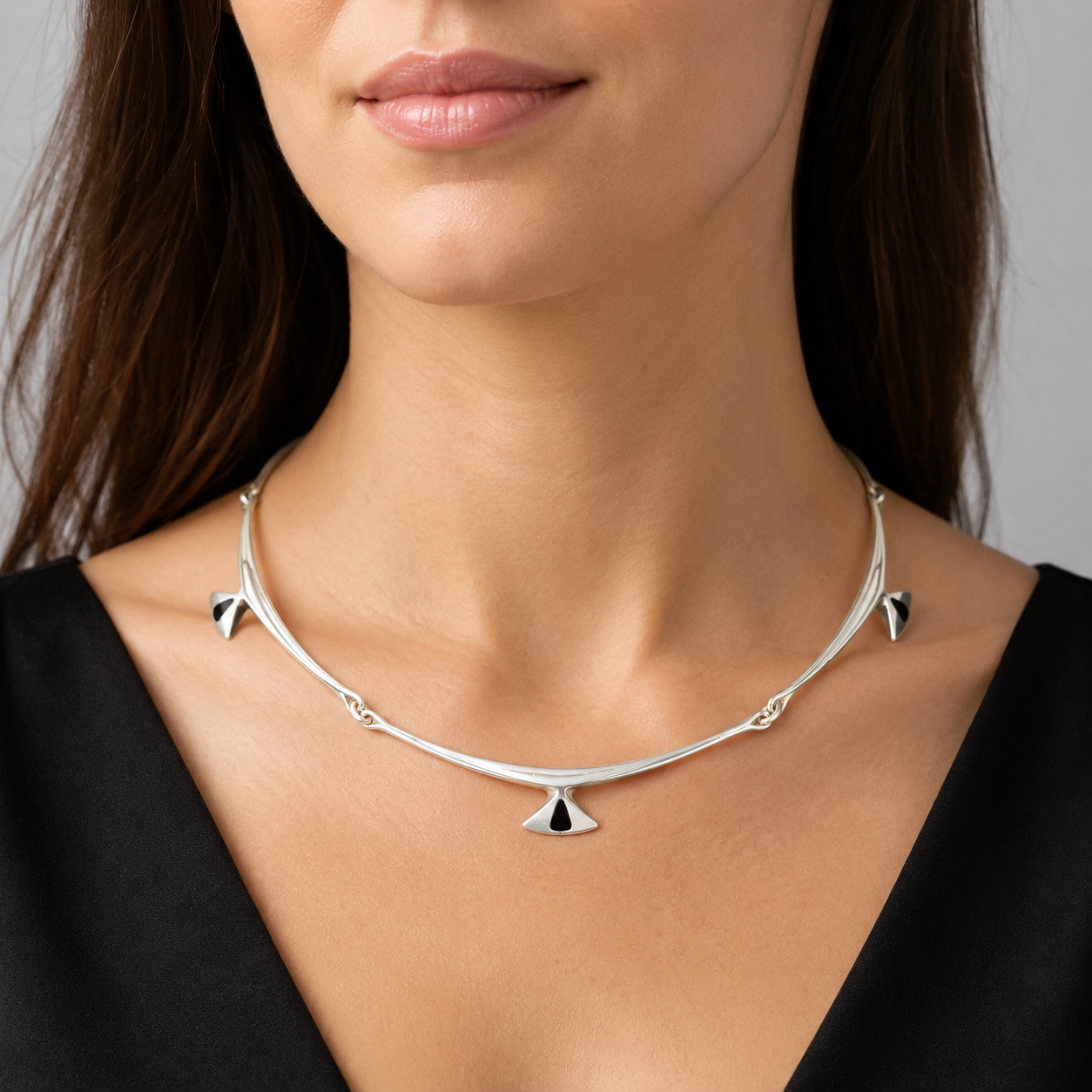 Rare Hans Hansen Denmark Sterling &amp; Black Enamel Modernist Necklace 