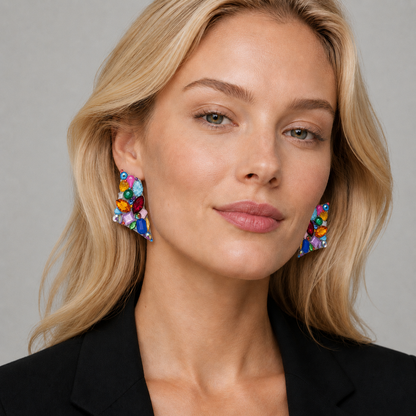 Rare Bill Schiffer Large Abstract Lucite &amp; Rhinestone Wearable Art Earrings — 1989
