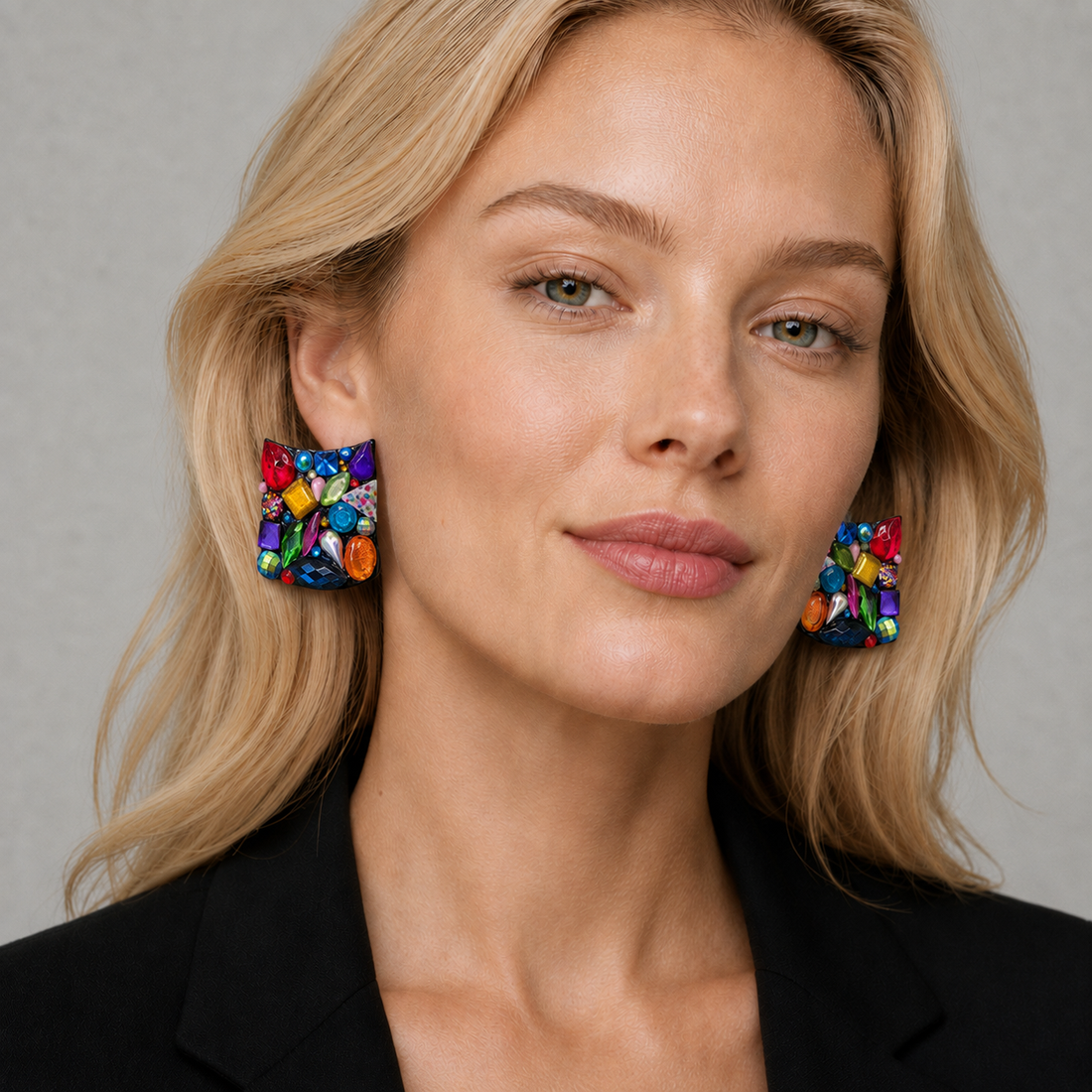 Rare Bill Schiffer Large Abstract Lucite &amp; Rhinestone Wearable Art Earrings — 1988