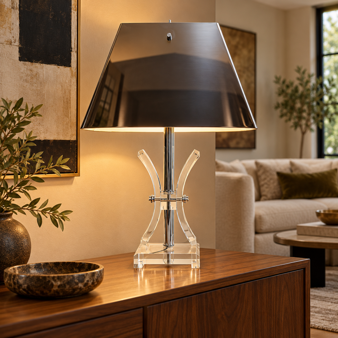Vintage Sculptural Chrome &amp; Lucite Modernist Table Lamp w Chrome Metal Shade
