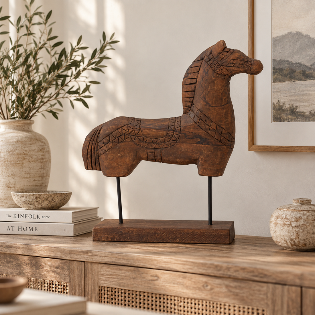Tall Rustic Scandinavian Nordic Style Carved Solid Wood Folk Art Horse Sculpture