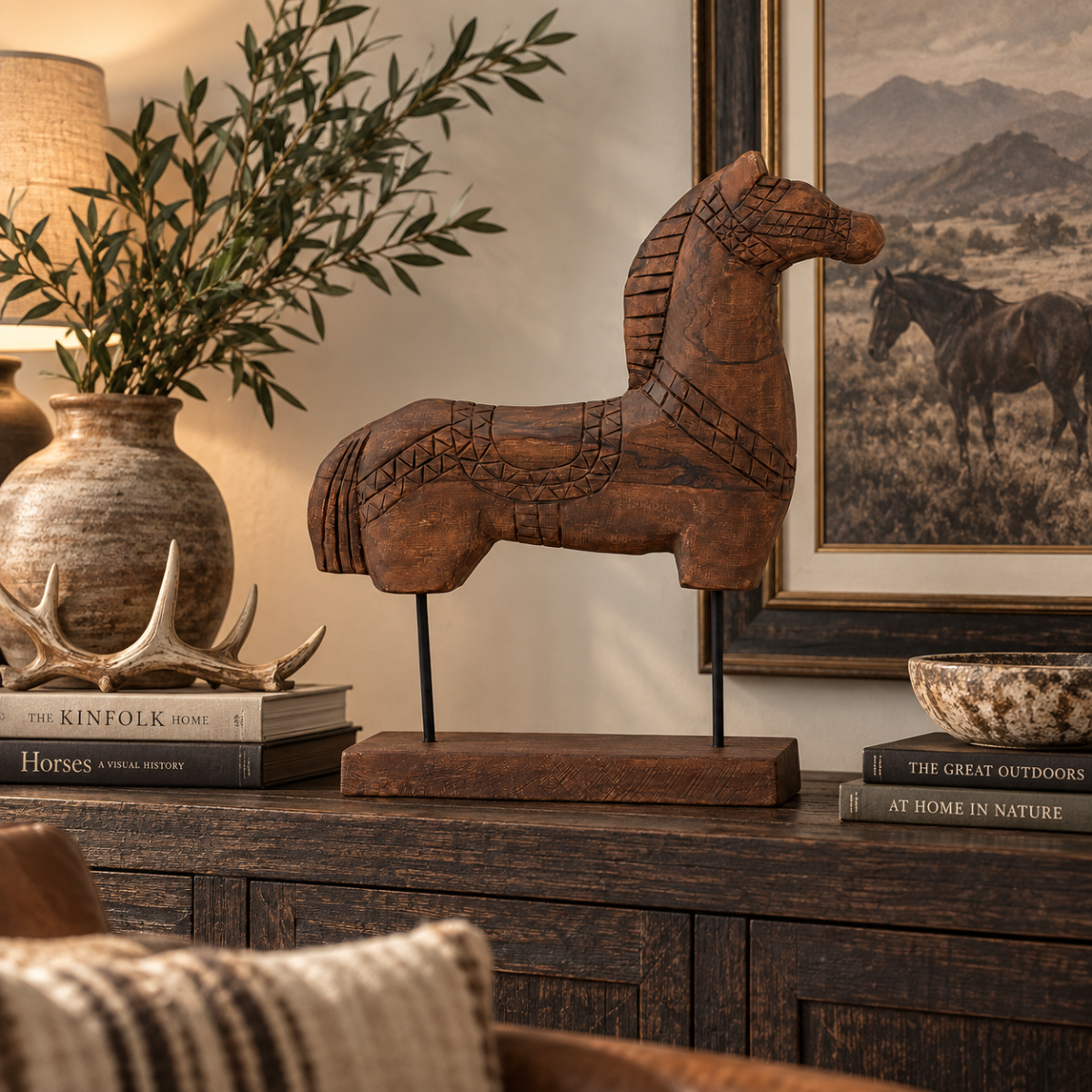 Tall Rustic Scandinavian Nordic Style Carved Solid Wood Folk Art Horse Sculpture