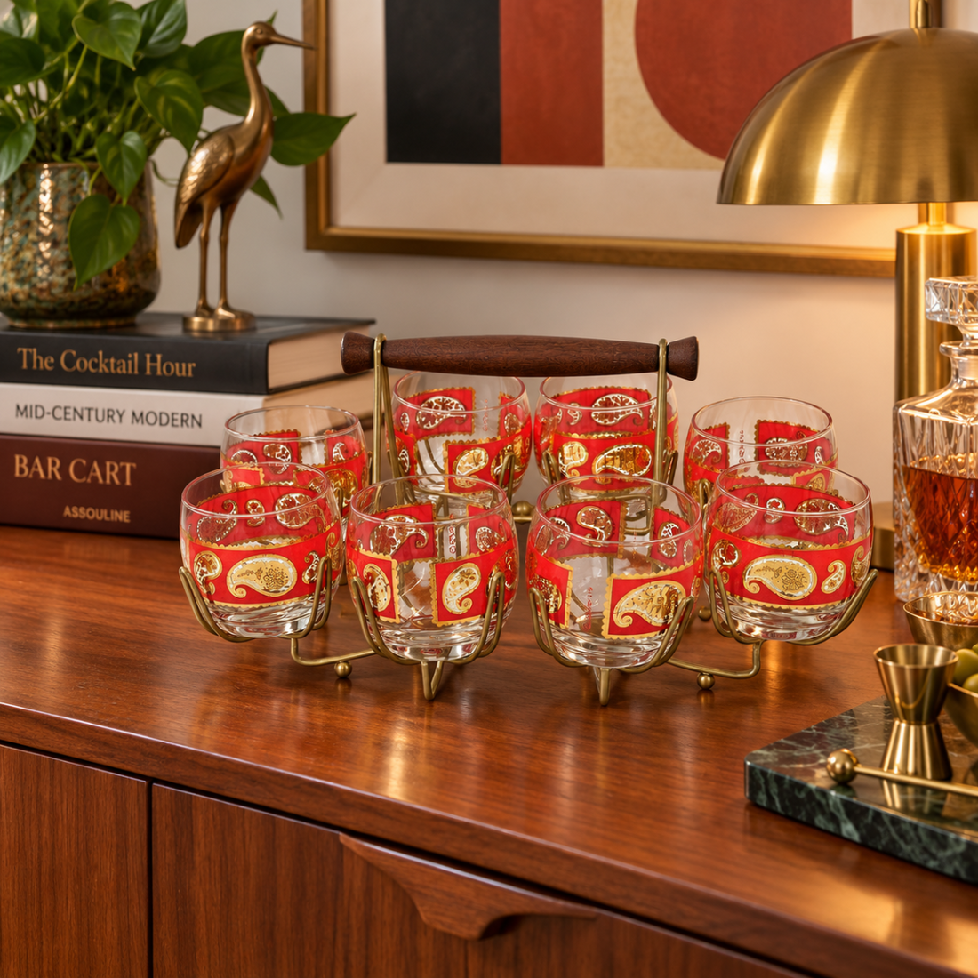 Culver Serveware Superb Culver Red Paisley 22k Gold XL Roly Poly Glasses Caddy Set Circa 1960s