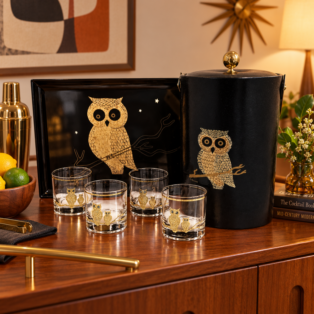 Couroc Serveware Couroc California Melamine Owl Glassware Ice Bucket Serving Tray Set 1960s