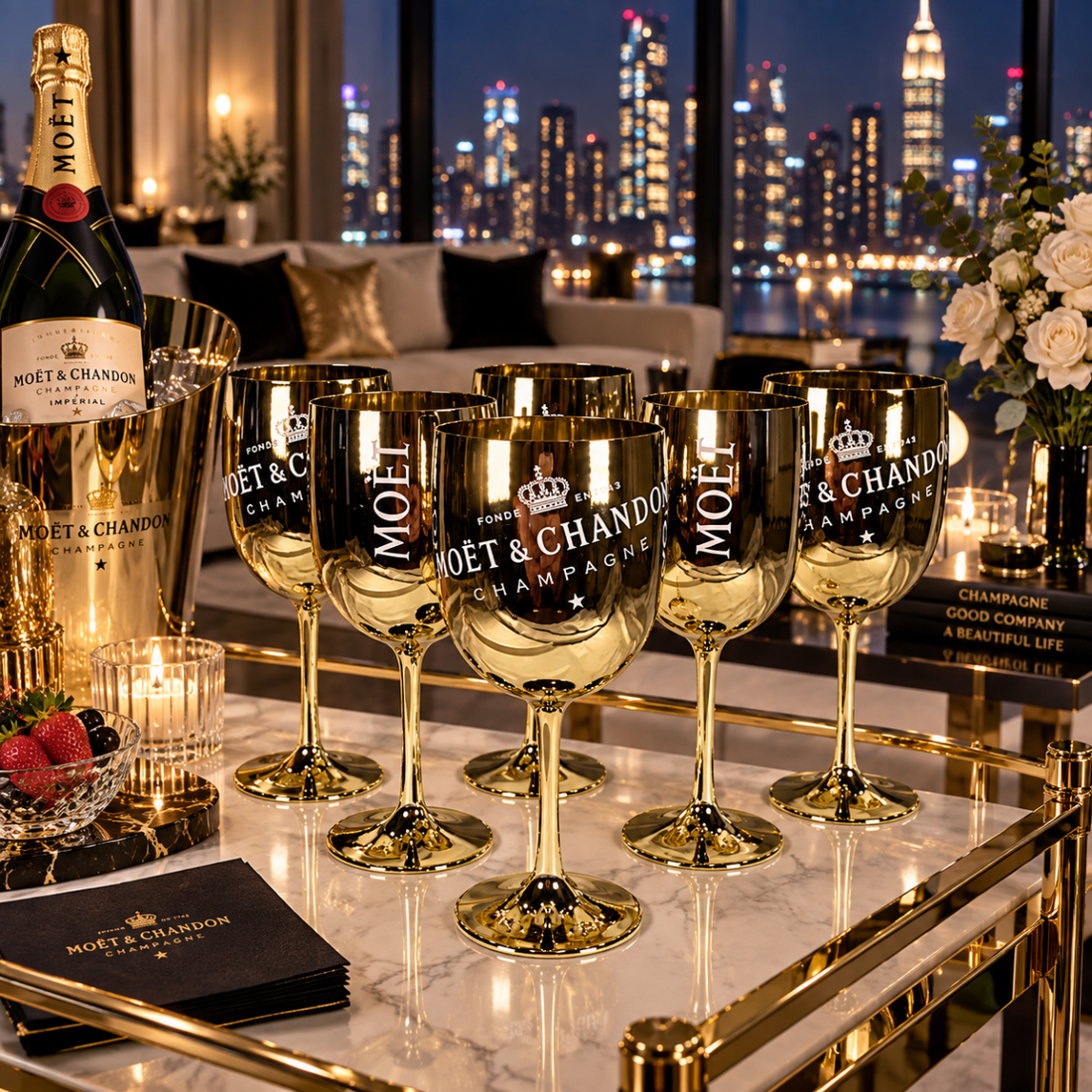 Moet Chandon Barware NOS Gold Crystal Glass Moët &amp; Chandon Wine Water Champagne Goblets IOB