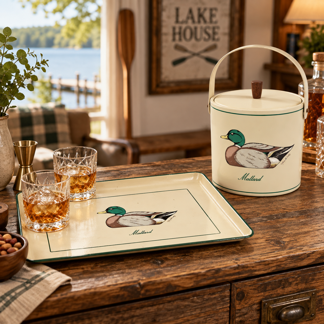Rare Georges Briard Mallard Duck Tray &amp; Ice Bucket Rustic Barware Set 1950s,