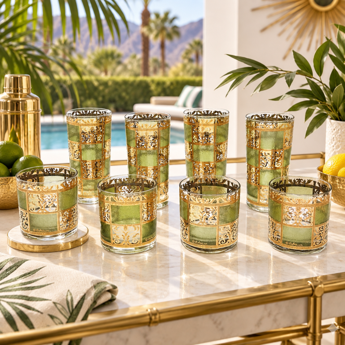 Culver Serveware Stunning Culver Prado Green 22k Gold Glassware Barware Set Circa 1960s