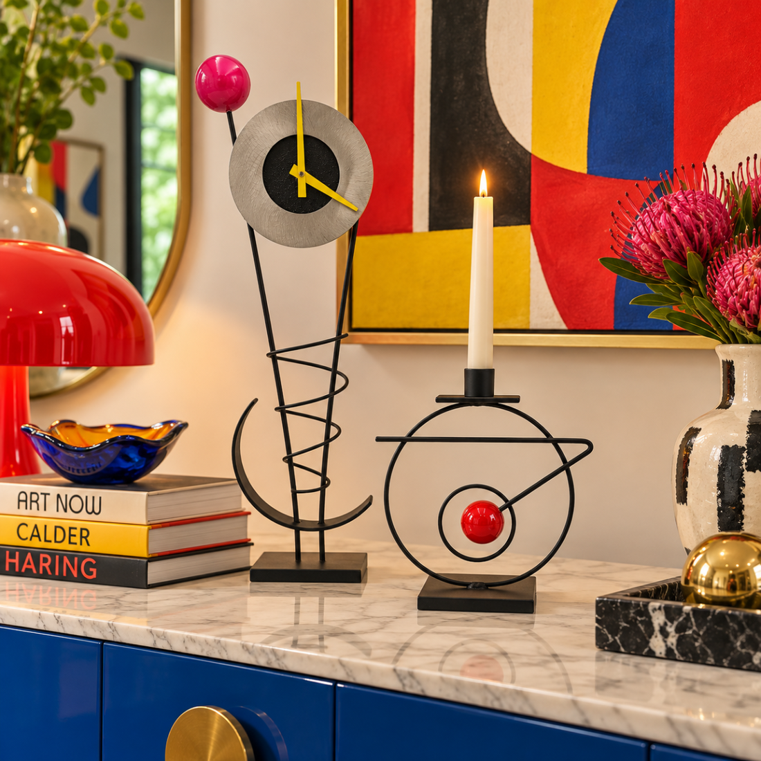 Rick Martin Clock and Candleholder Rick Martin Abstract Modernist Pop Art Memphis Style Clock &amp; Candleholder