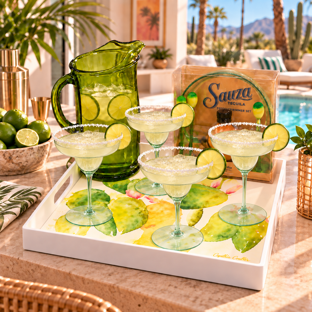 Cynthia Coulter Designs Margarita Set Tray Glasses Pitcher Salt Rim New Vintage