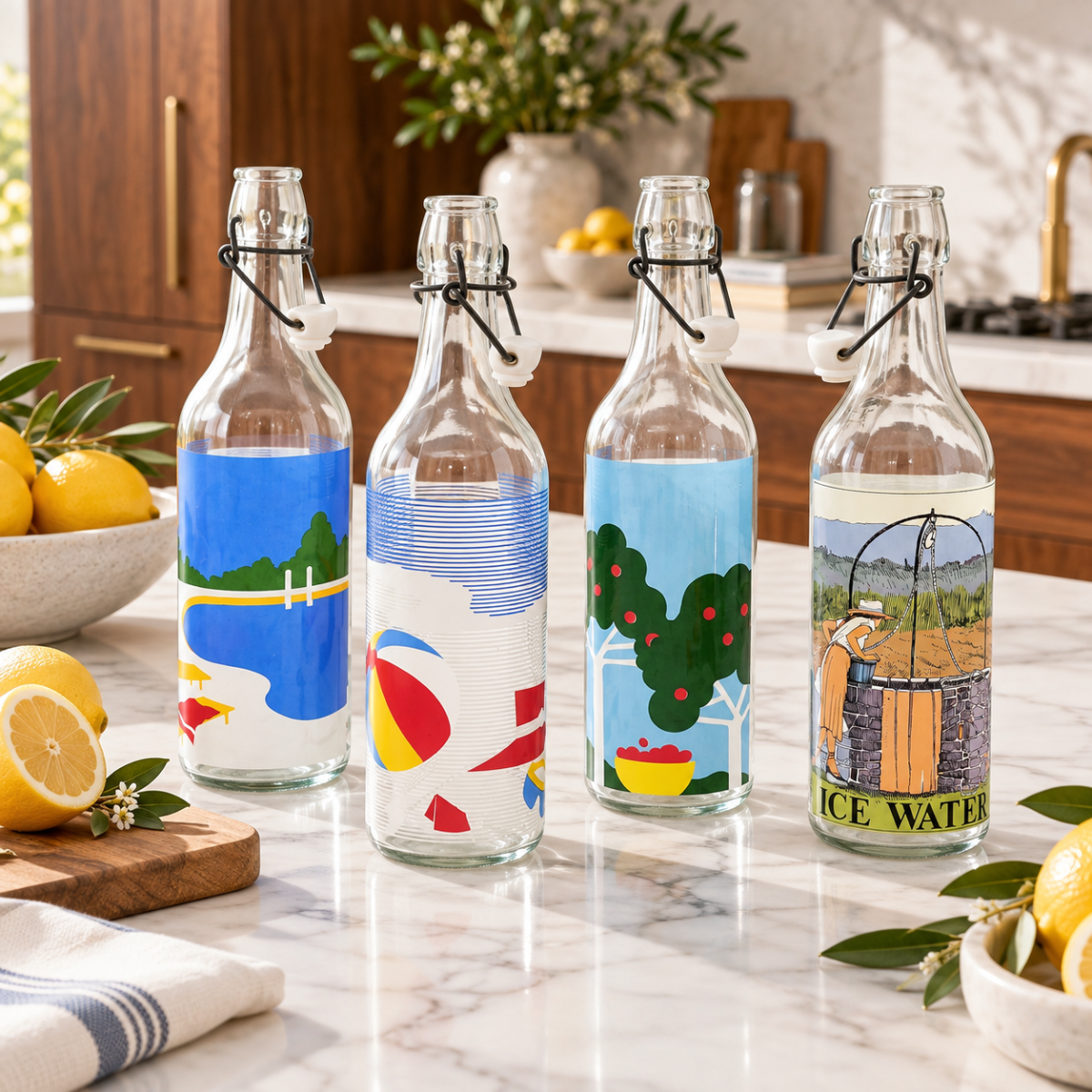 Egizia Italy Barware Set of 4 Large Vintage Water Bottles in Chrome Caddy Egizia Italy