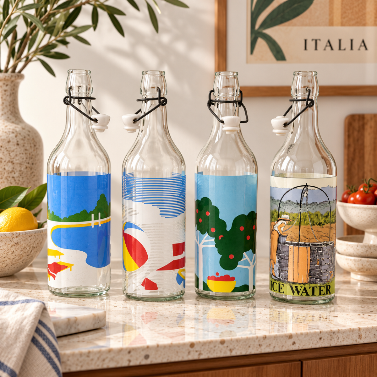Egizia Italy Barware Set of 4 Large Vintage Water Bottles in Chrome Caddy Egizia Italy
