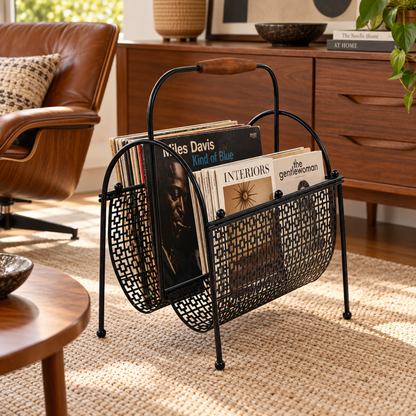 MCM Magazine Rack Magazine Rack Fabulous 1950s Mod Patterned Black Steel Double Magazine LP Record 
