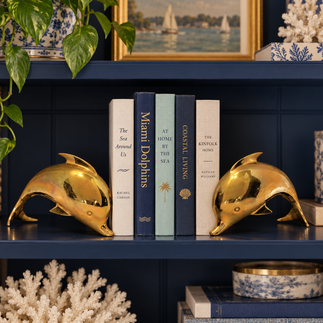 Dolbi Cashier Bookends Superb Dolbi Cashier Solid Brass Modernist Dolphin Porpoise Bookends C. 1986