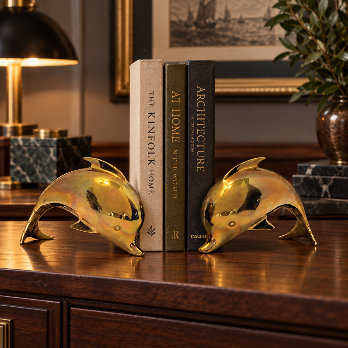 Dolbi Cashier Bookends Superb Dolbi Cashier Solid Brass Modernist Dolphin Porpoise Bookends C. 1986