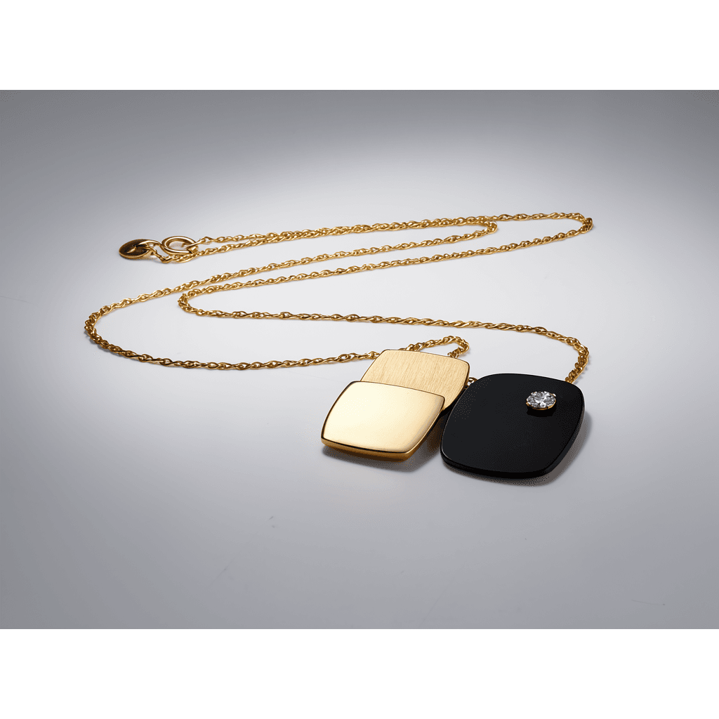 MCM Artisan 3D Modernist 14K Gold Diamond Black Lucite Brooch Necklace