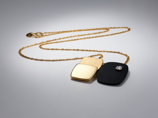 MCM Artisan 3D Modernist 14K Gold Diamond Black Lucite Brooch Necklace