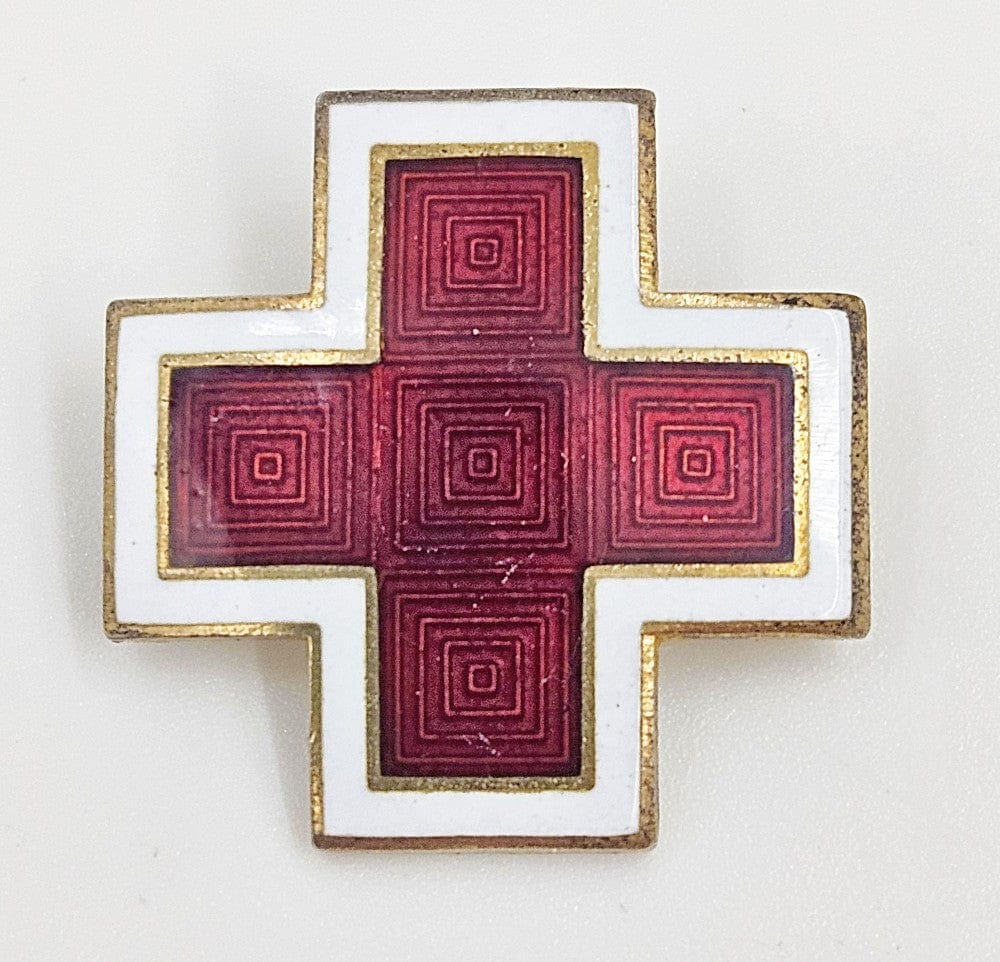 AE Jewelry Gilt Sterling & Guilloche Enamel AE WWII Red Cross Brooch Lapel Pin C. 1940s