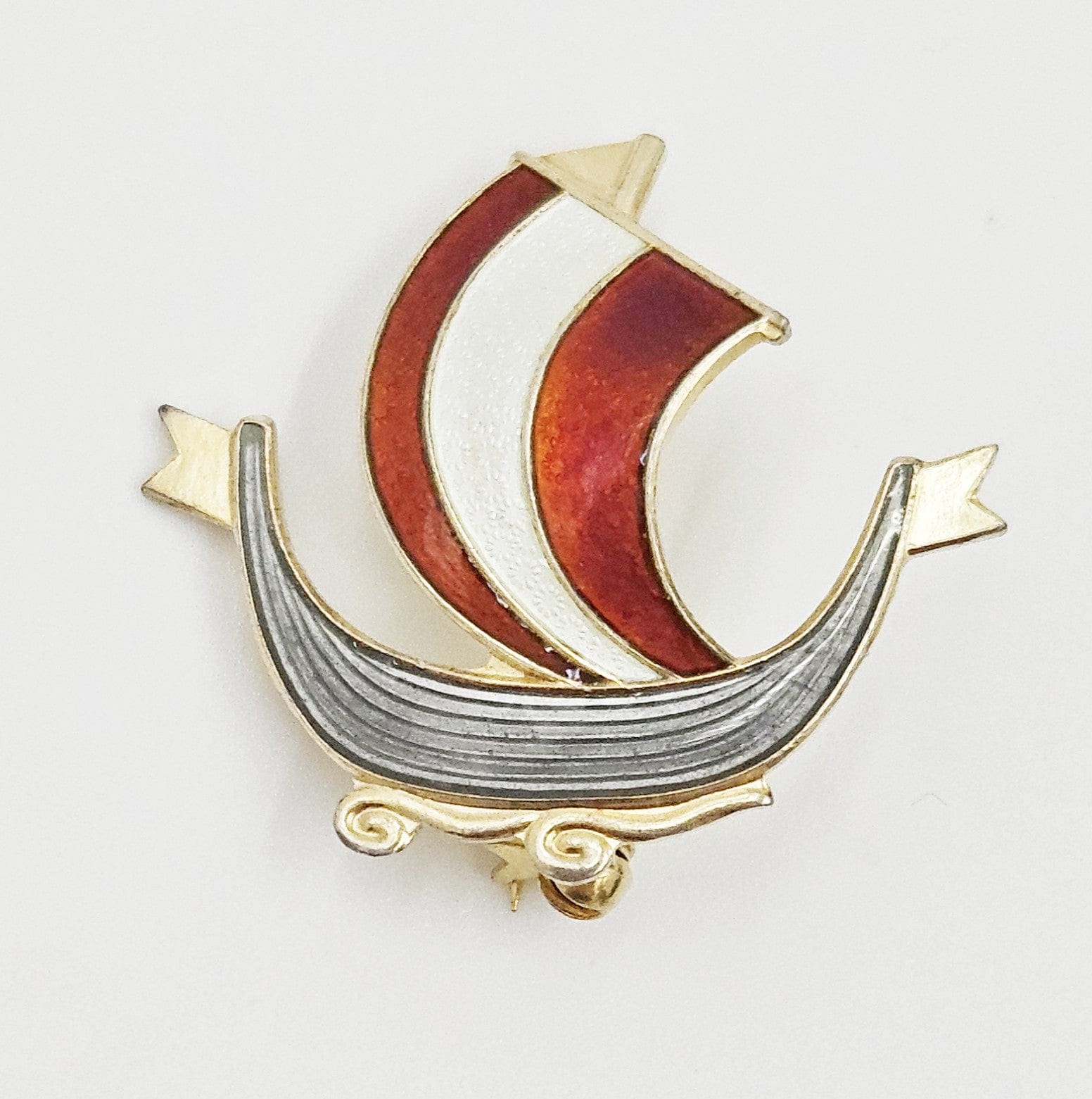Aksel Holmsen Jewelry Aksel Holmsen Norway Sterling Enamel VIKING Longboat Pin Brooch Circa 1950's