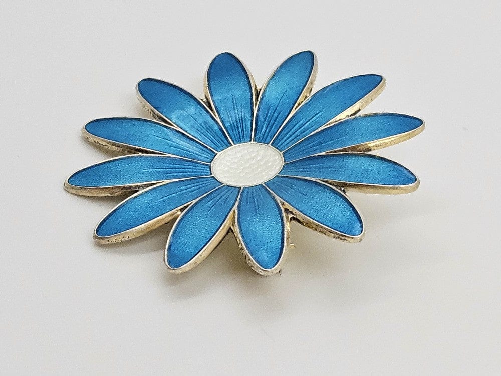 Aksel Holmsen Jewelry Rare Aksel Holmsen Norway Sterling & Enamel Large Daisy Brooch Circa 1940's