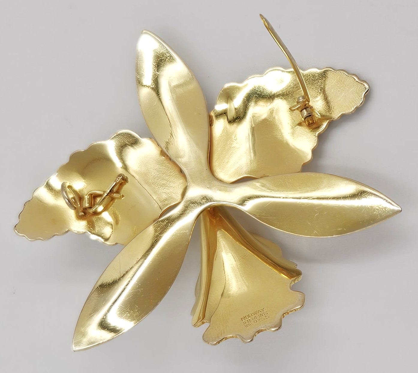 Aksel Holmsen Jewelry Rare Aksel Holmsen Norway Sterling & Enamel XL Orchid Brooch Circa 1940's