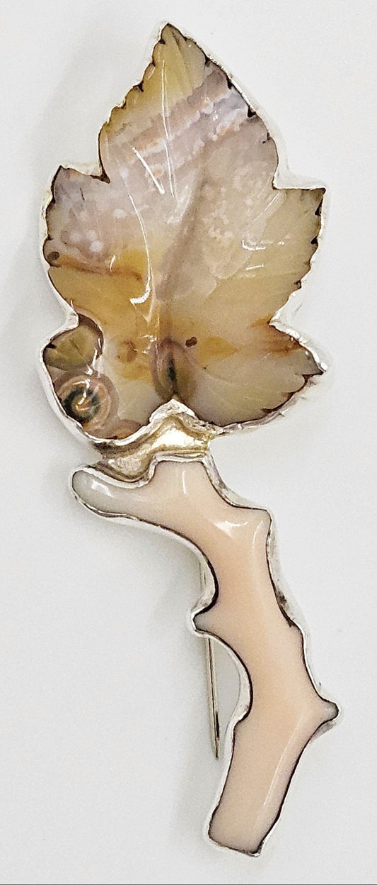Amy Kahn Russell Jewelry Amy Kahn Russell Sterling Carved Lacy Agate Pink Coral Leaf Brooch Pendant