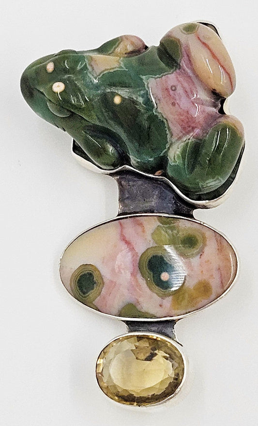 Amy Kahn Russell Jewelry Amy Kahn Russell Sterling Carved Pink Green Agate Citrine Frog Brooch Pendant