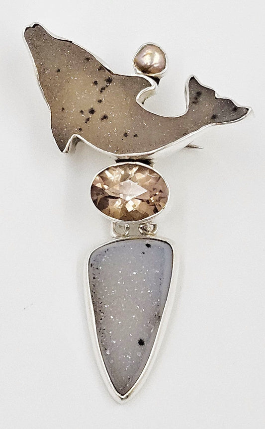 Amy Kahn Russell Jewelry Amy Kahn Russell Sterling Druzy Citrine Mabe Pearl Dolphin Brooch Pendant