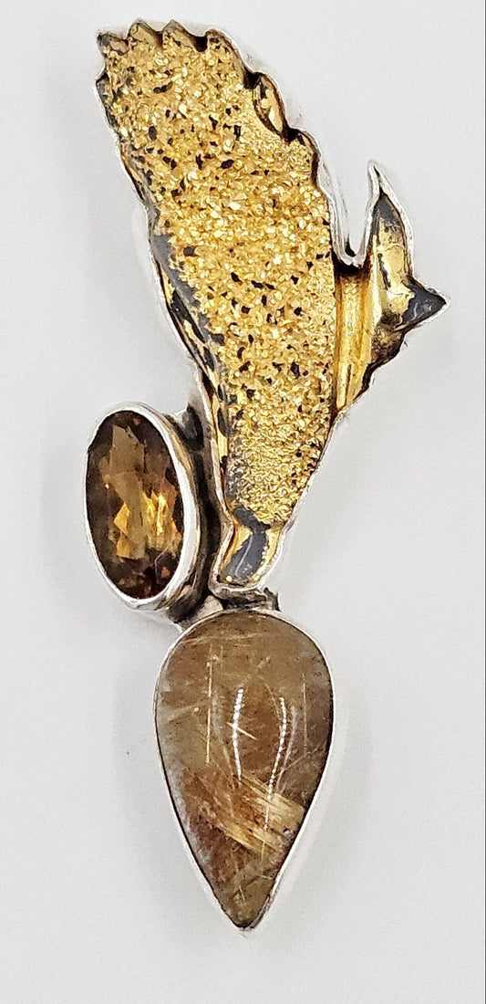Amy Kahn Russell Jewelry Amy Kahn Russell Sterling Gold Drusy Reticulated Quartz Citrine Brooch Pendant