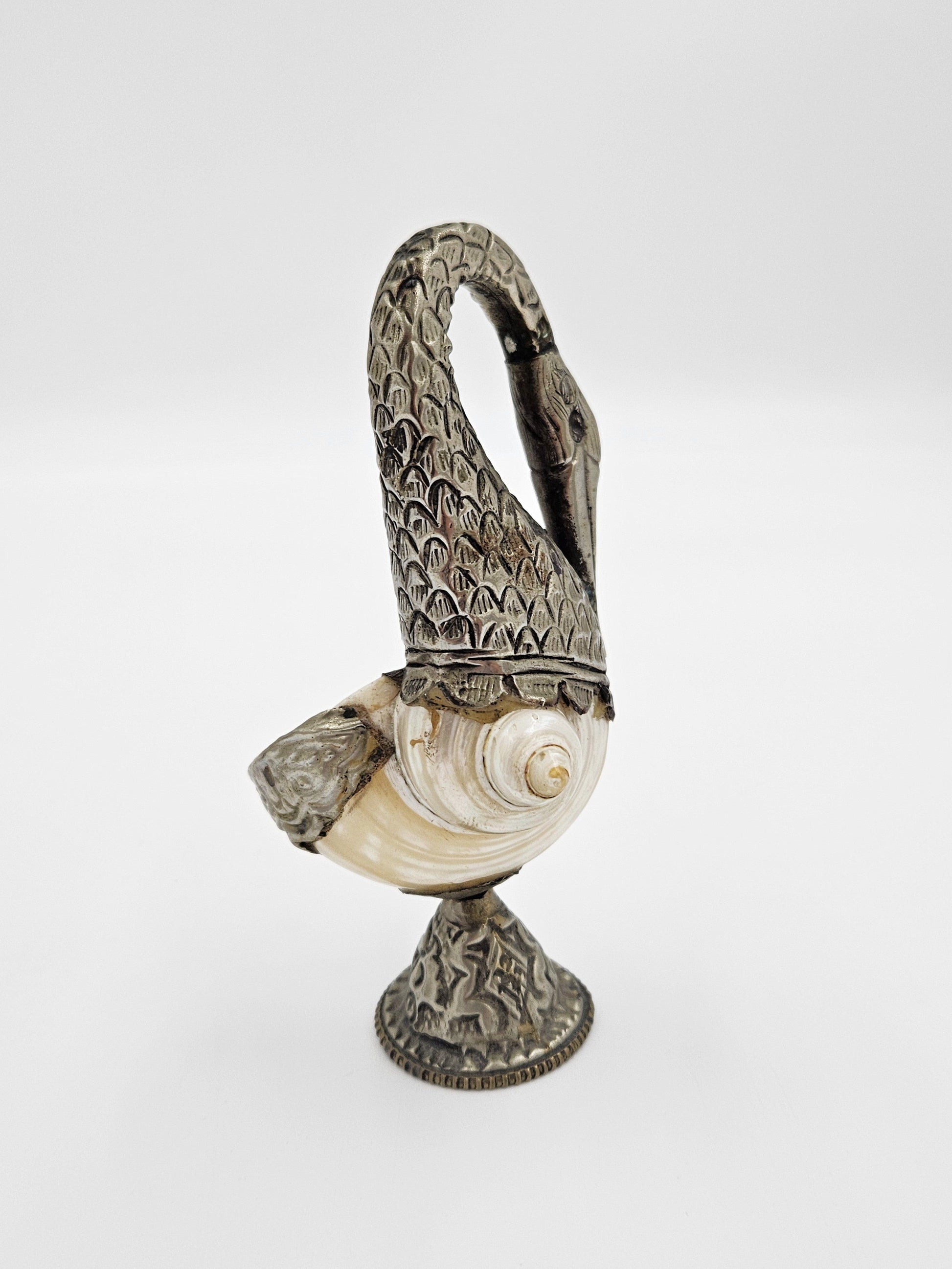 Pair of Antique Tibetan Nautilus Shell silver Mounted Swan Figural Vases, view 4 of 10