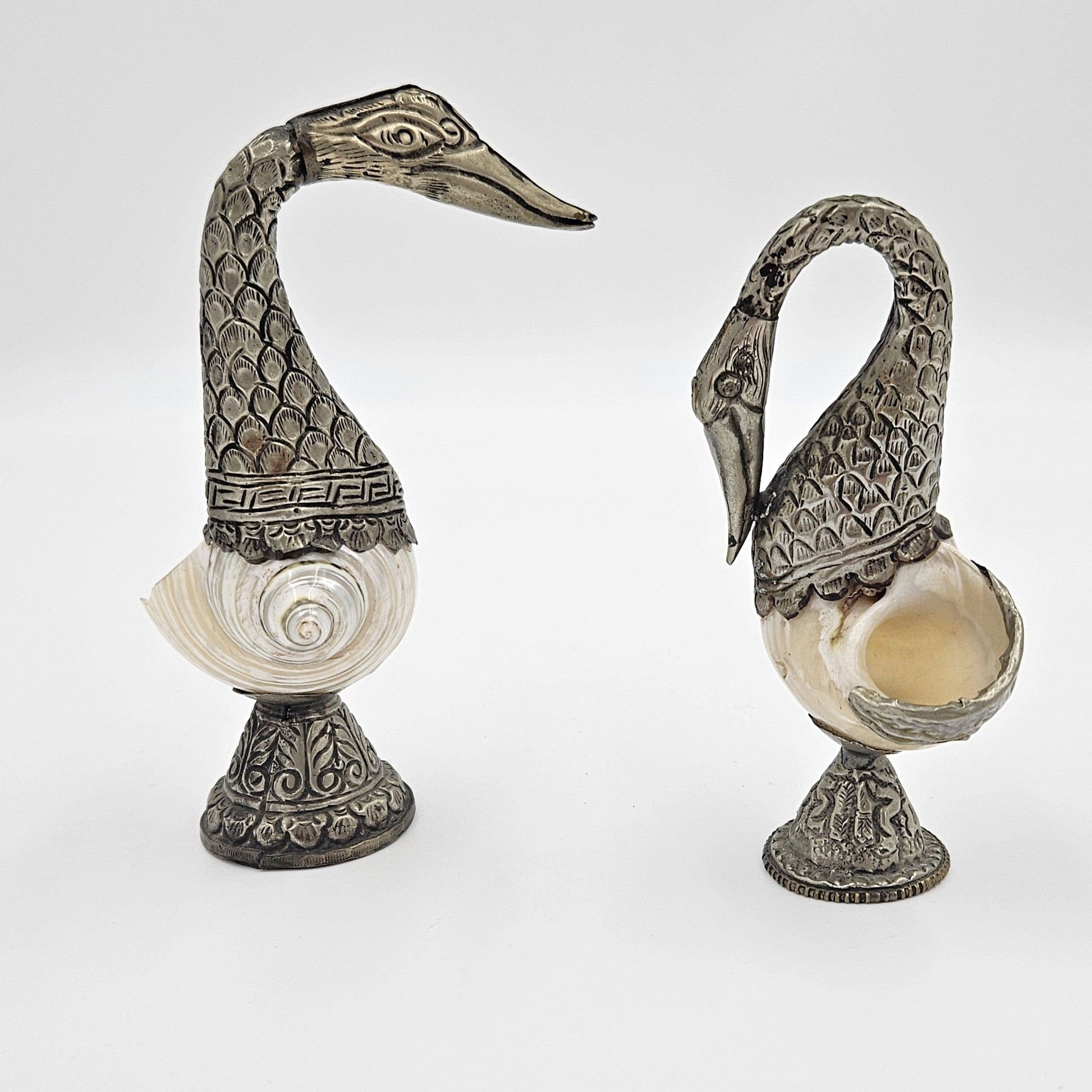 Pair of Antique Tibetan Nautilus Shell silver Mounted Swan Figural Vases, view 1 of 10