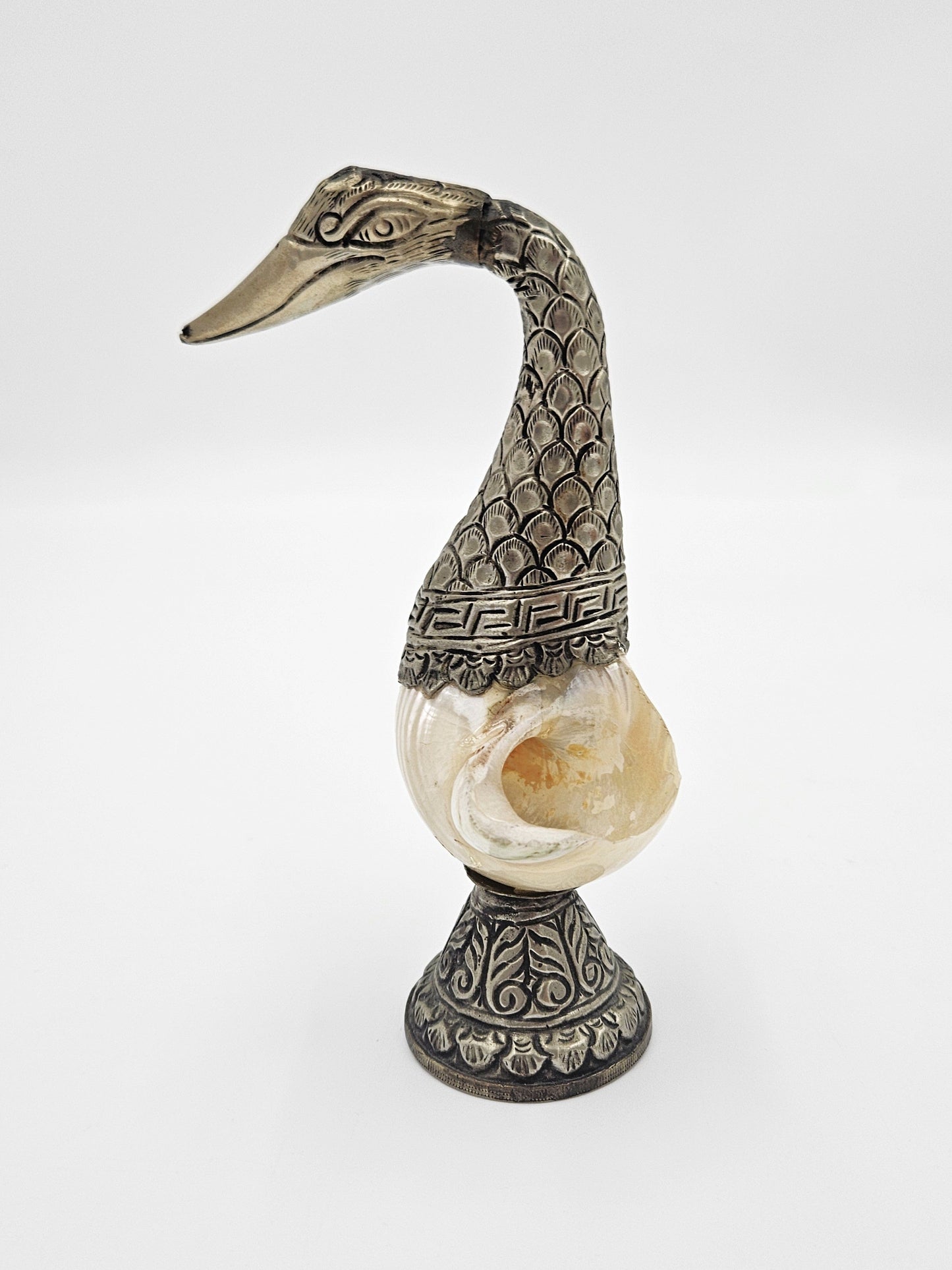 Pair of Antique Tibetan Nautilus Shell silver Mounted Swan Figural Vases, view 8 of 10