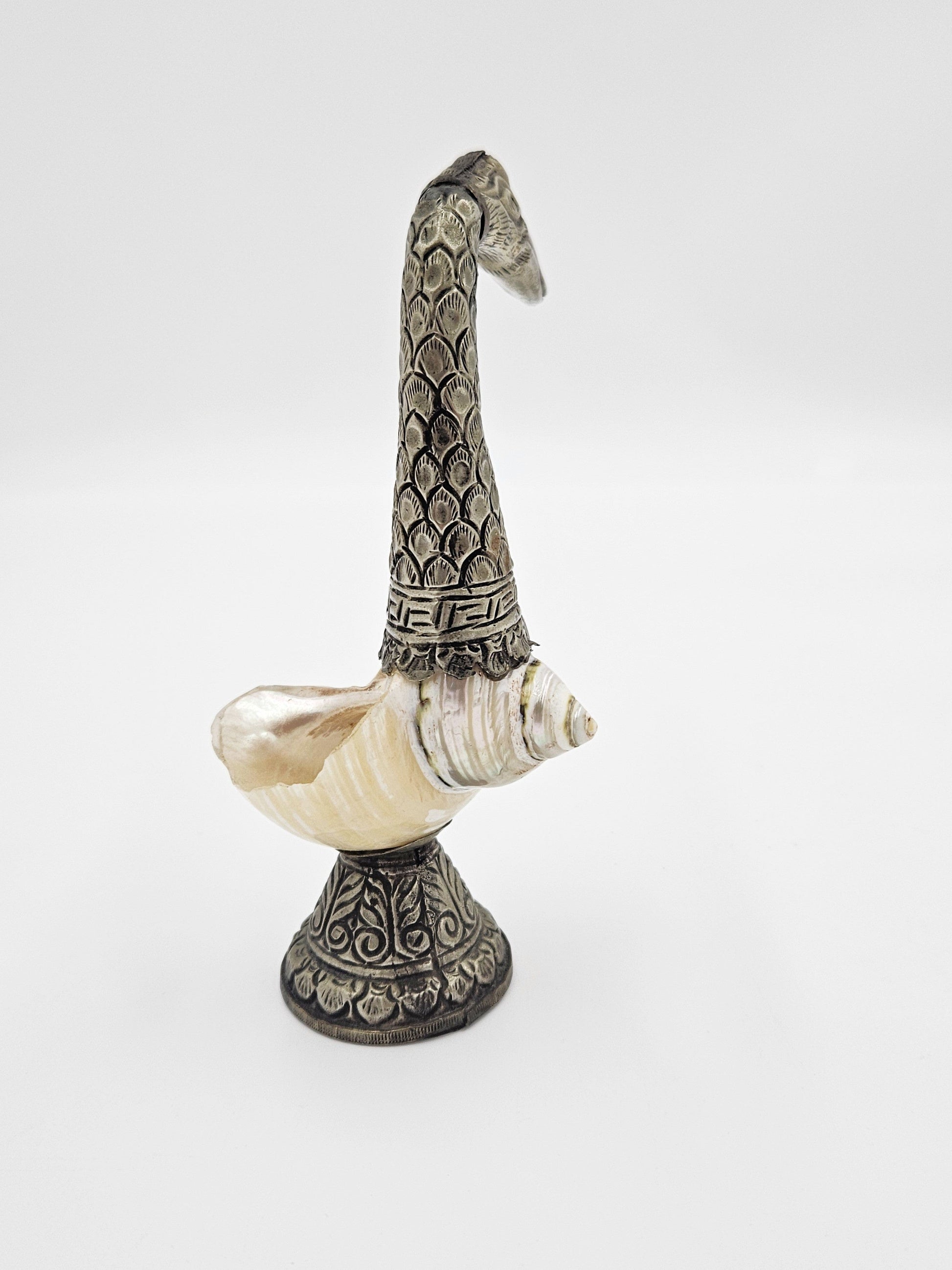 Pair of Antique Tibetan Nautilus Shell silver Mounted Swan Figural Vases, view 7 of 10