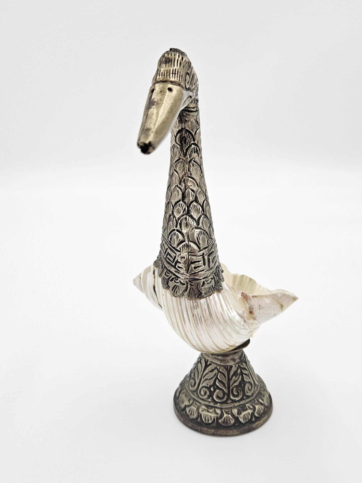 Pair of Antique Tibetan Nautilus Shell silver Mounted Swan Figural Vases, view 9 of 10