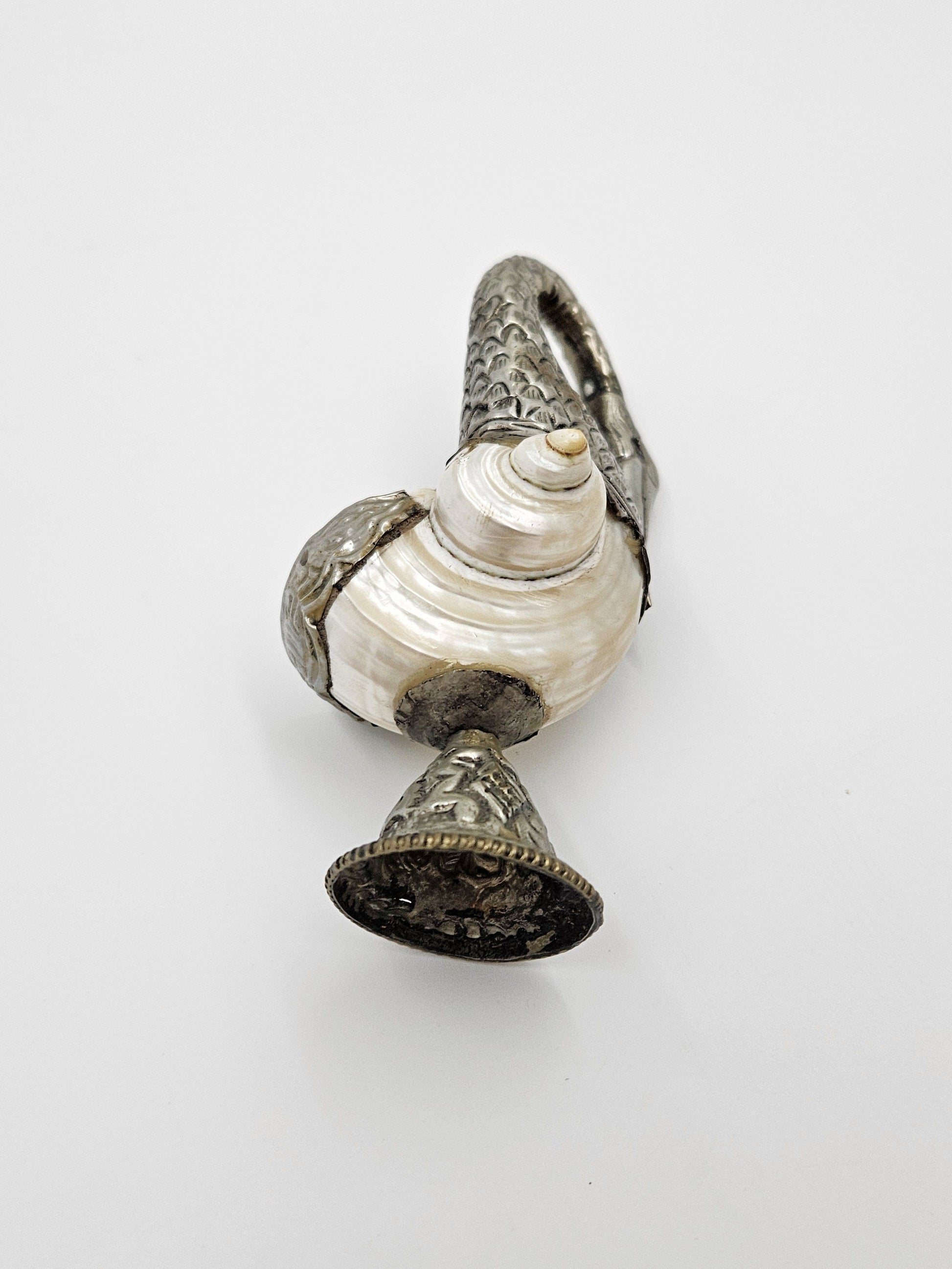 Pair of Antique Tibetan Nautilus Shell silver Mounted Swan Figural Vases, view 5 of 10