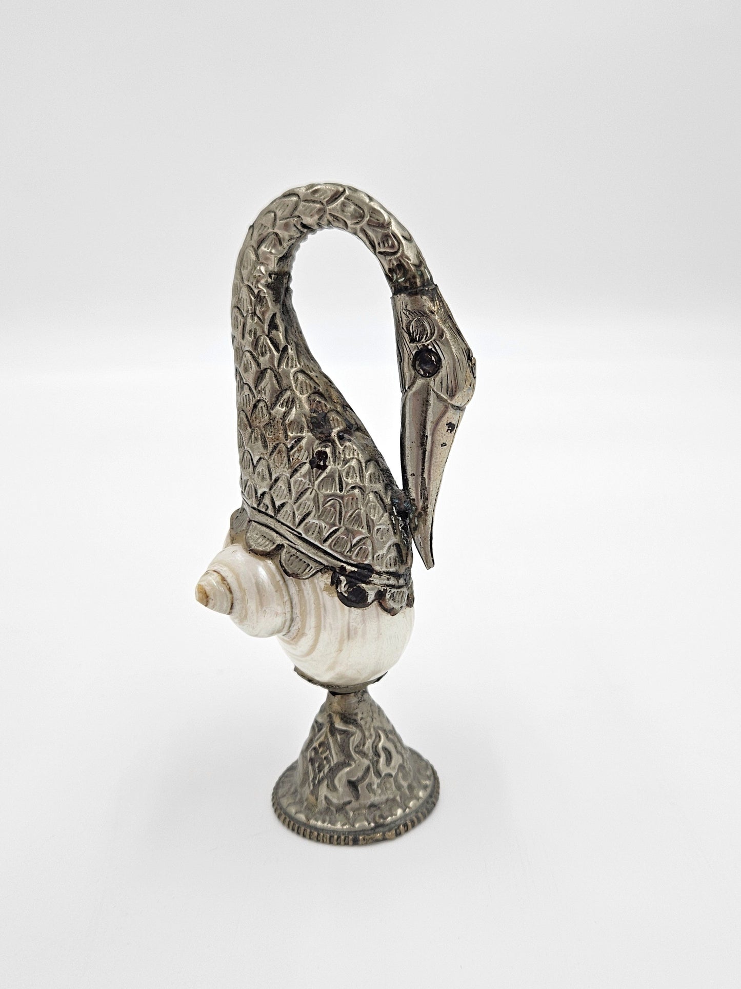 Pair of Antique Tibetan Nautilus Shell silver Mounted Swan Figural Vases, view 3 of 10