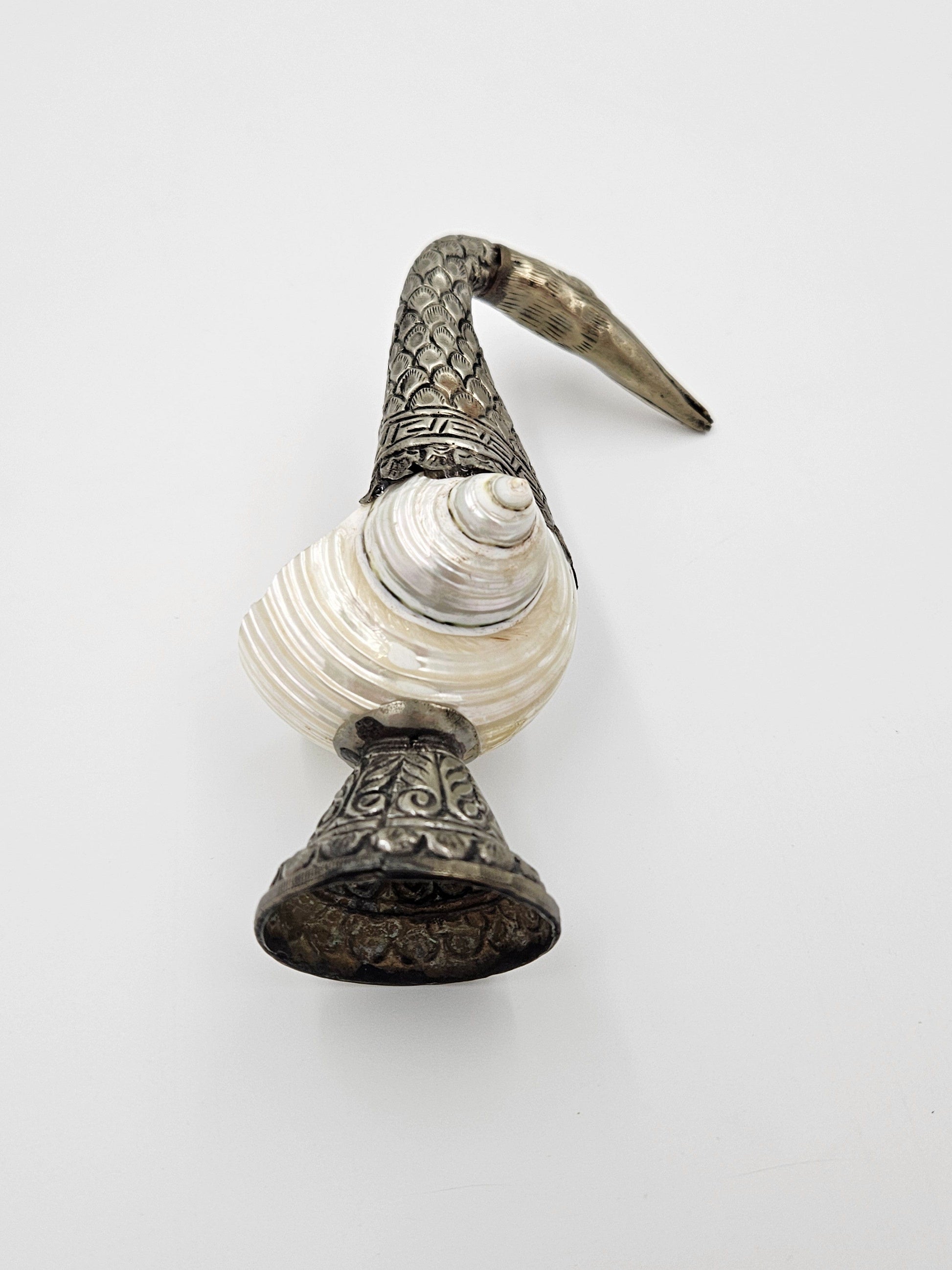 Pair of Antique Tibetan Nautilus Shell silver Mounted Swan Figural Vases, view 10 of 10