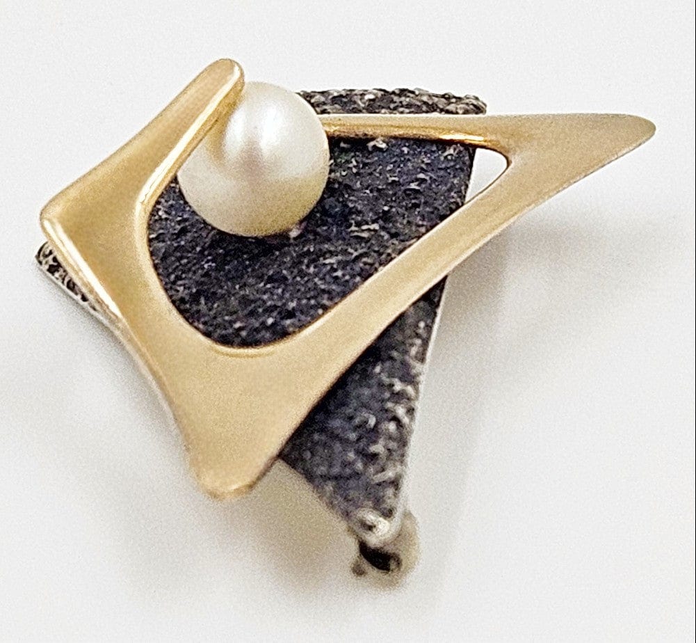 Artisan 925 14k Pearl Brooch Jewelry Artisan Sterling 14k Gold Pearl Abstract Mod Retro 3D Brooch Circa 1950s