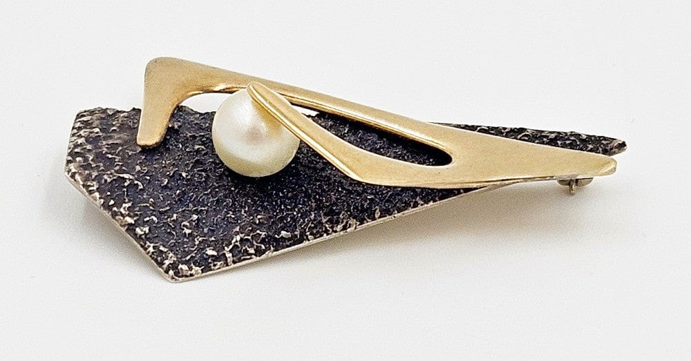 Artisan 925 14k Pearl Brooch Jewelry Artisan Sterling 14k Gold Pearl Abstract Mod Retro 3D Brooch Circa 1950s