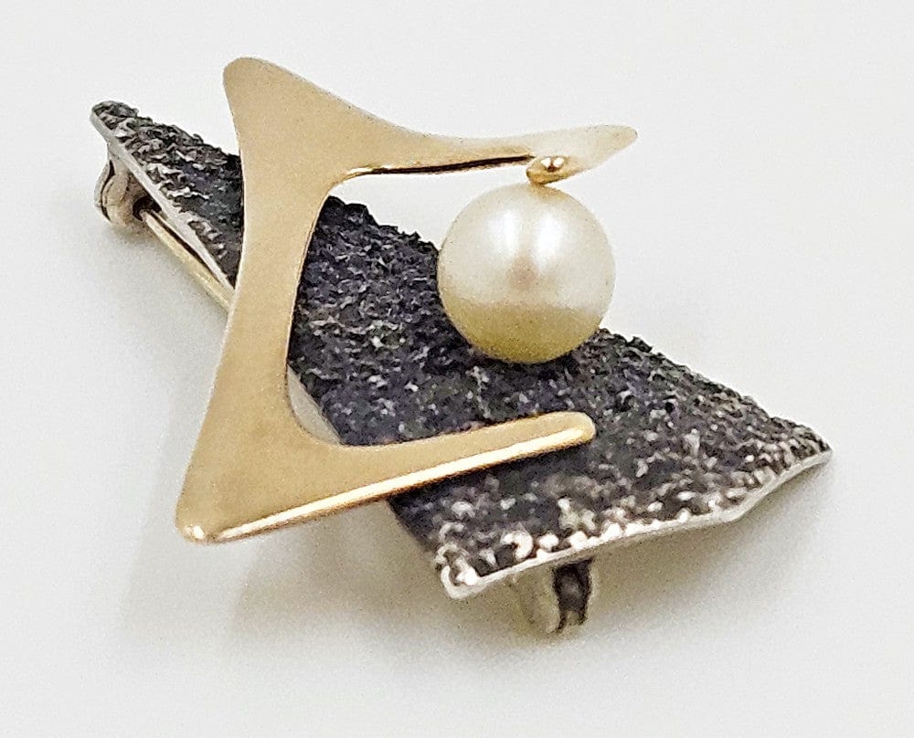 Artisan 925 14k Pearl Brooch Jewelry Artisan Sterling 14k Gold Pearl Abstract Mod Retro 3D Brooch Circa 1950s