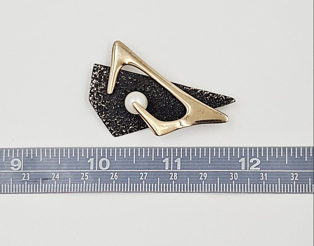 Artisan 925 14k Pearl Brooch Jewelry Artisan Sterling 14k Gold Pearl Abstract Mod Retro 3D Brooch Circa 1950s