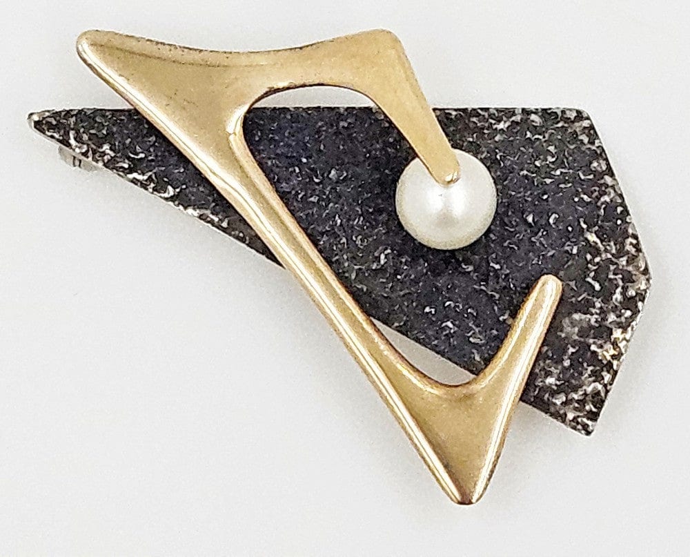 Artisan 925 14k Pearl Brooch Jewelry Artisan Sterling 14k Gold Pearl Abstract Mod Retro 3D Brooch Circa 1950s