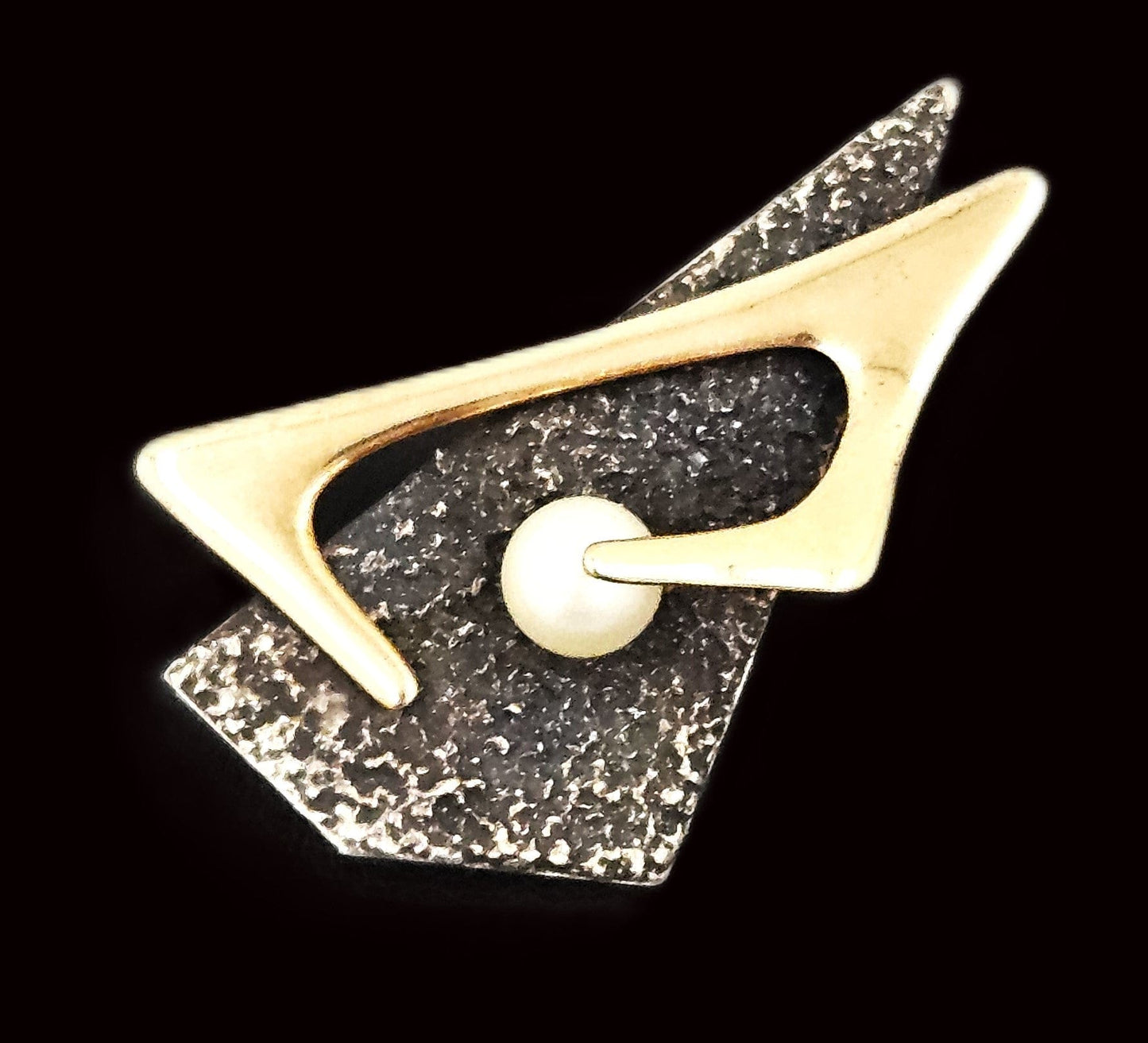 Artisan 925 14k Pearl Brooch Jewelry Artisan Sterling 14k Gold Pearl Abstract Mod Retro 3D Brooch Circa 1950s