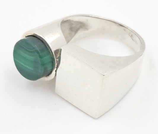 Artisan 925 Ring Jewelry Sterling Silver Green Malachite Abstract Modernist Ring