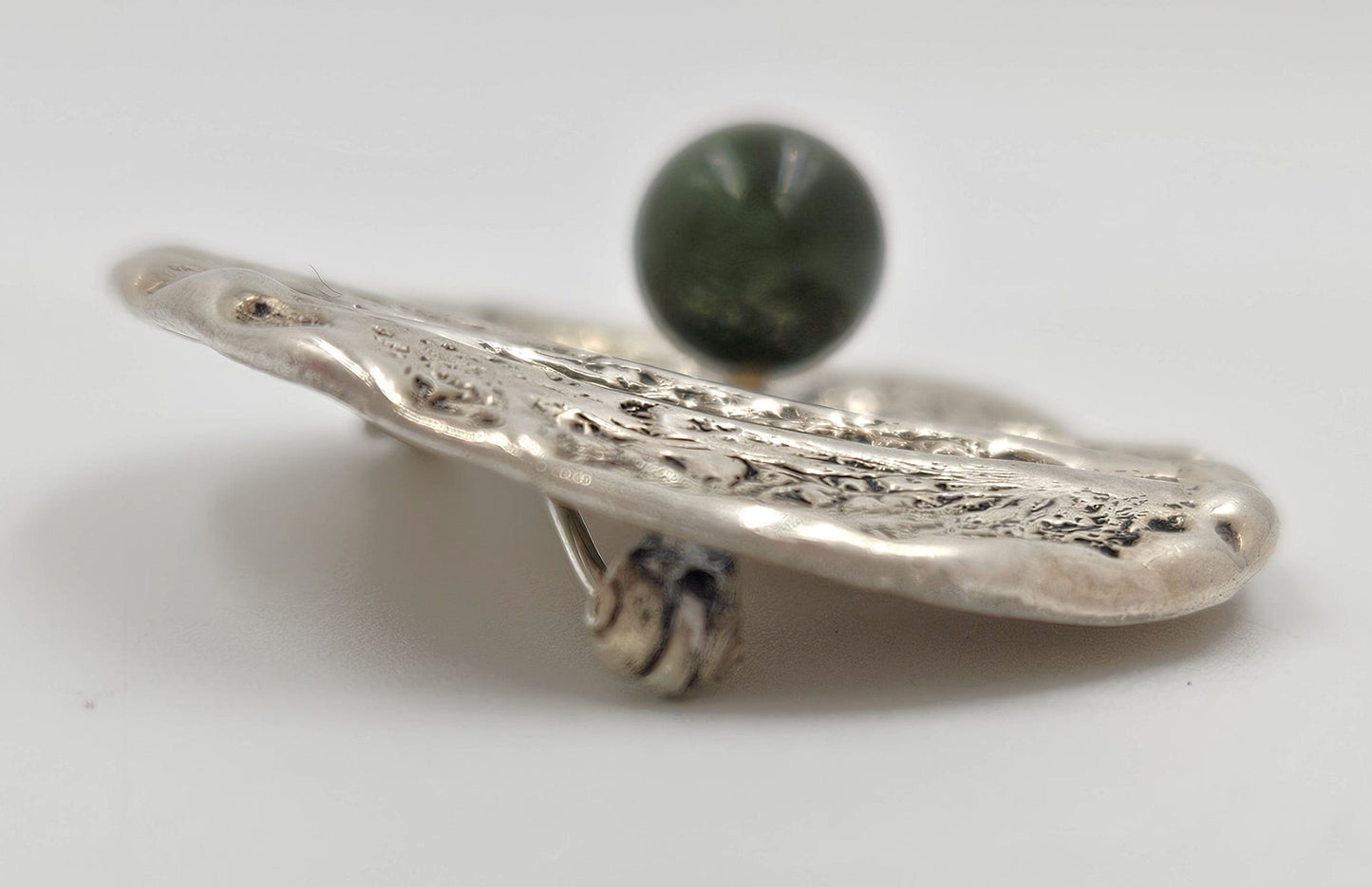 Artisan Abstract Sterling Brooch Jewelry Designer Sterling Modernist Brutalist + Nephrite Orb Stone Brooch