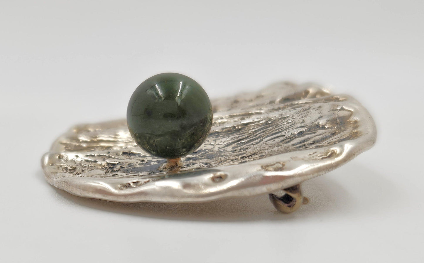 Artisan Abstract Sterling Brooch Jewelry Designer Sterling Modernist Brutalist + Nephrite Orb Stone Brooch