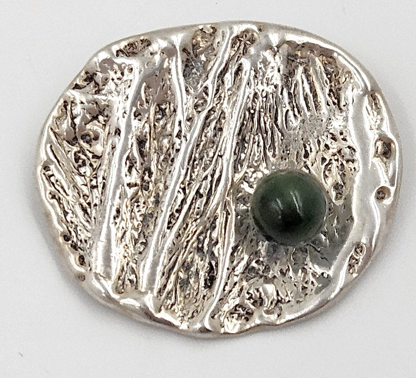 Artisan Abstract Sterling Brooch Jewelry Designer Sterling Modernist Brutalist + Nephrite Orb Stone Brooch