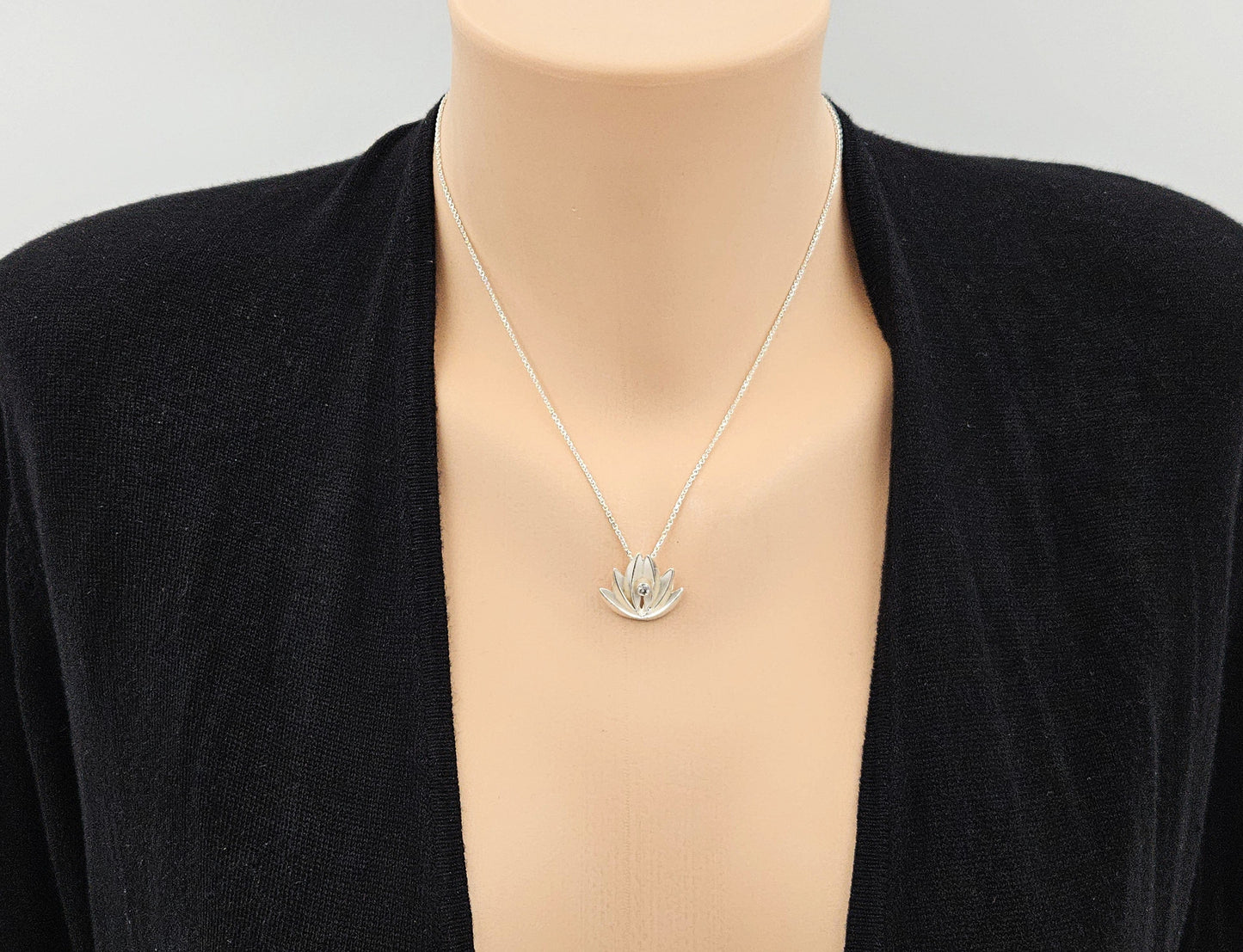 Artisan Signed Necklace Jewelry Artisan Signed Sterling & Diamond Lotus Flower Pendant Necklace