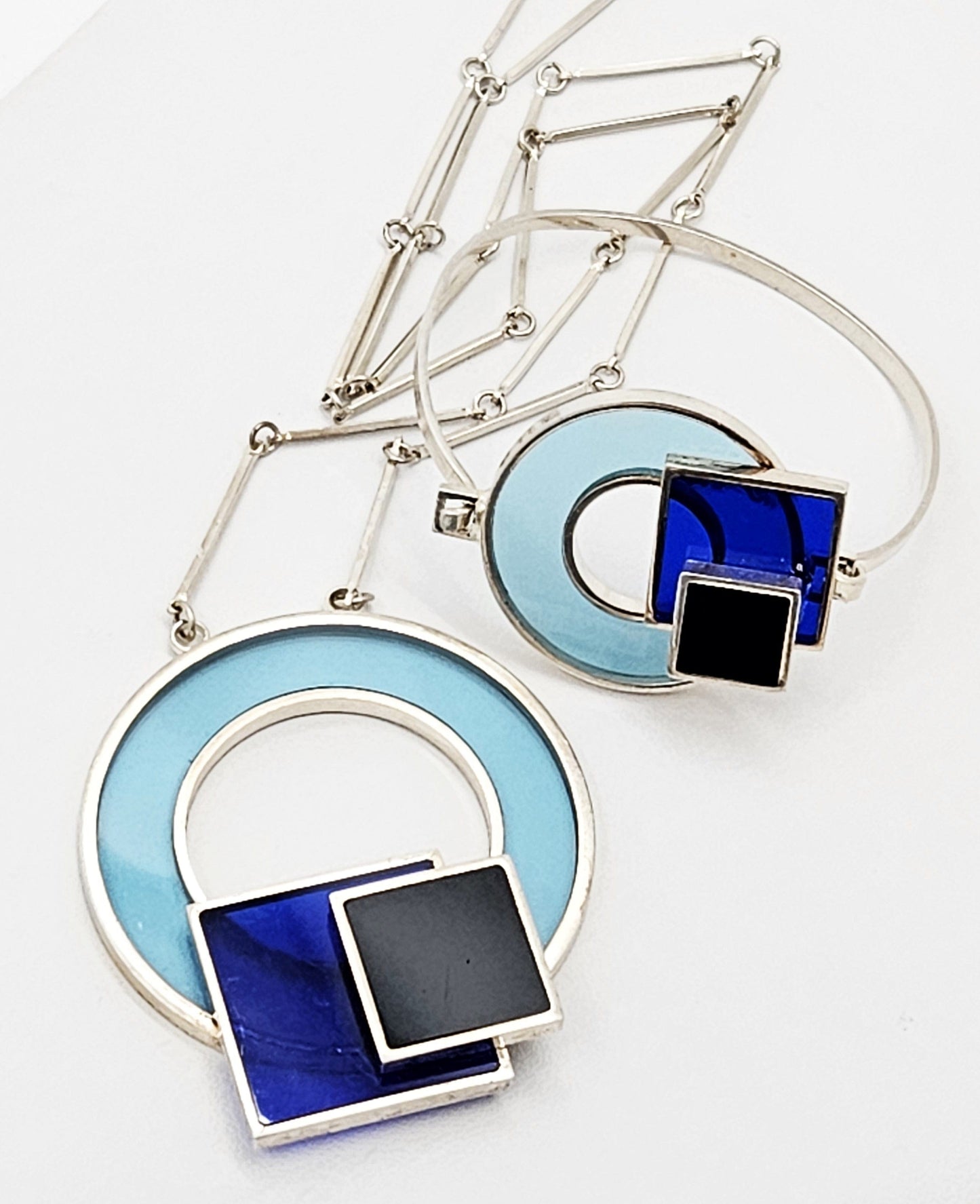 Artisan Stain Glass Bracelet & Necklace Set Jewelry Artisan Made Stain Glass and Sterling Silver Modernist Necklace and Bracelet Set