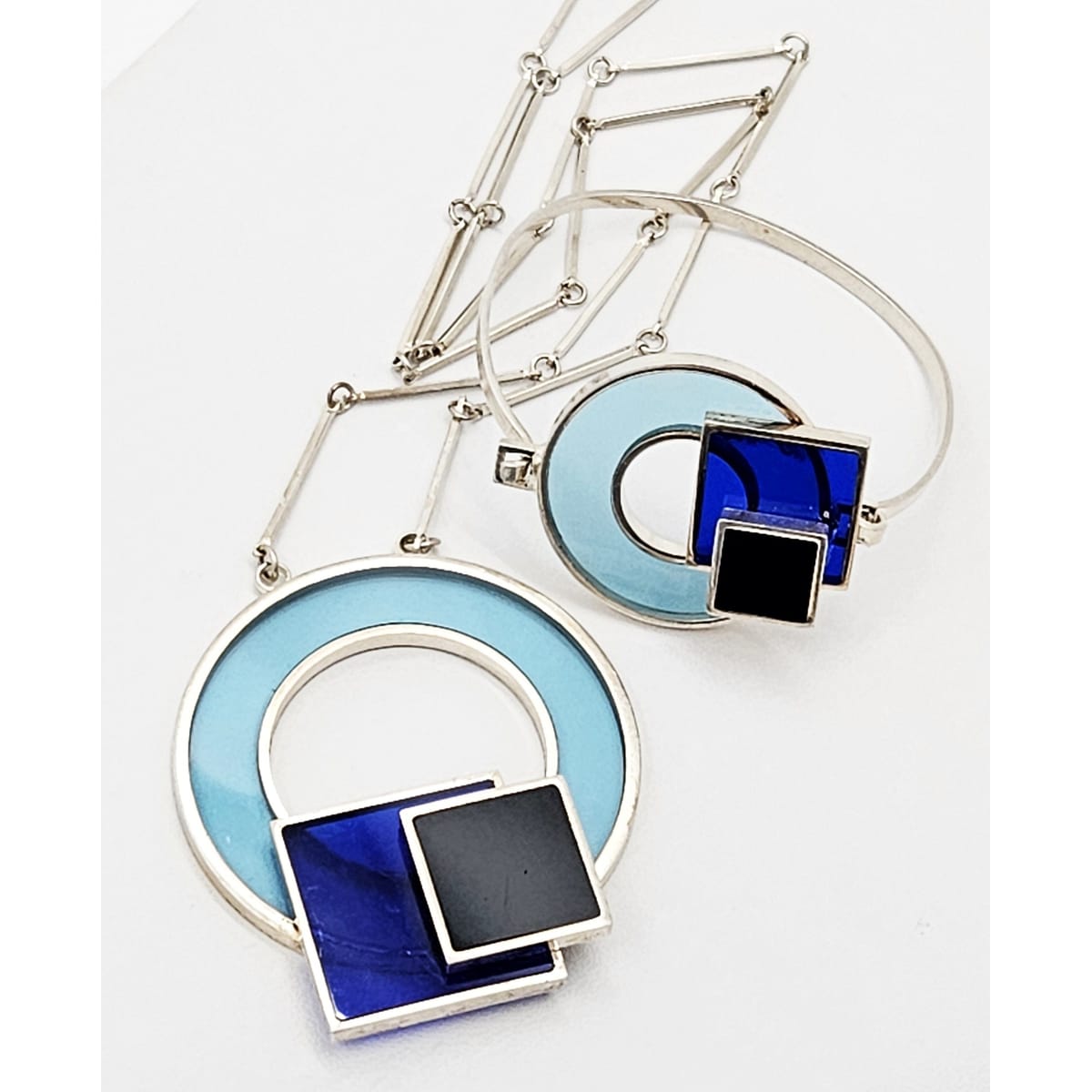 Artisan Stain Glass Bracelet &amp; Necklace Set Jewelry Artisan Made Stain Glass and Sterling Silver Modernist Necklace and Bracelet Set
