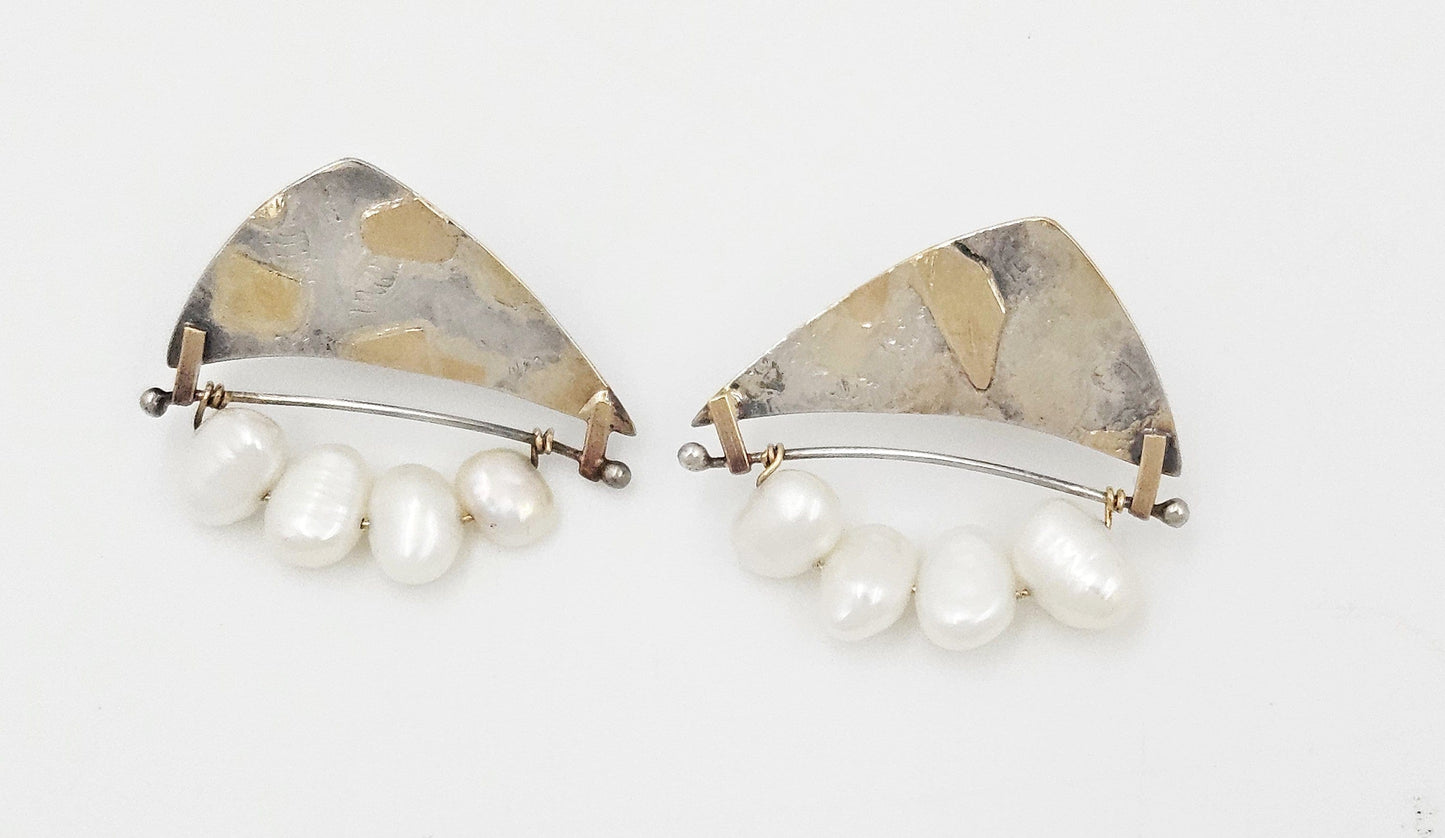 Artisan Sterling 14k Pearl Earrings Jewelry Artisan Signed Sterling - 14K Gold - Pearl Modernist Abstract 3D Earrings